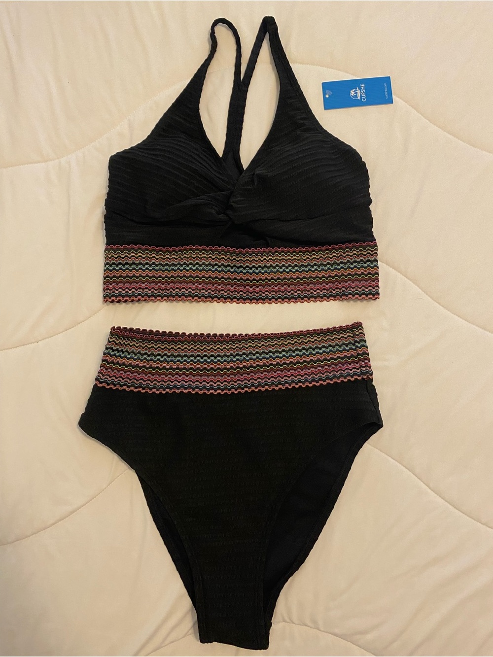 NWT Cupshe Black High-Waist Bikini Set with Multicolor Wavy Trim